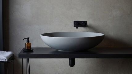 Minimalist gray sink with sleek tap in a modern bathroom setting, evoking tranquility and elegance.