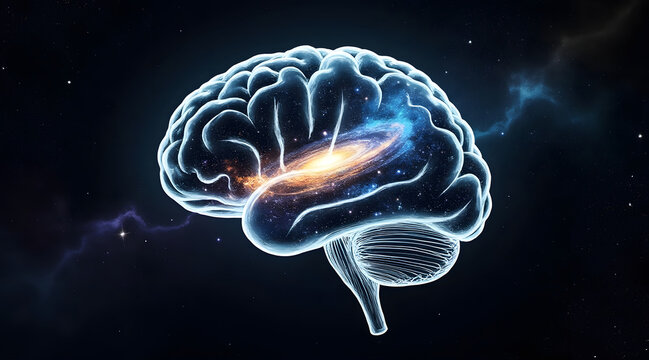 Glowing cosmic brain with swirling galaxies inside, symbolizing intelligence and vast universe within human mind