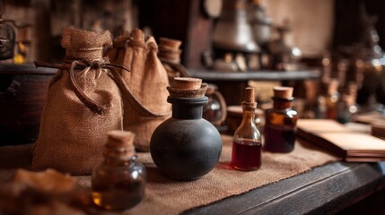 Rustic jars and pouches with herbs and oils on dark wooden background for herbal medicine or vintage apothecary theme