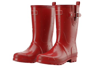 Two vibrant red rain boots stand out against a dark backdrop, showcasing a glossy finish and textured details.