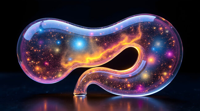 Cosmic glass pancreas glowing with nebula like stars and colorful cosmic dust, radiating vibrant light in dark space environment