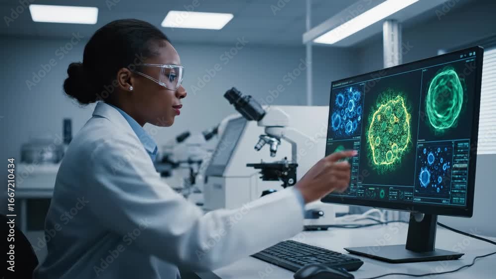 Poster scientist analyzing cellular data in modern lab - a focused female scientist in a lab coat and safet