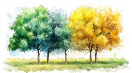 Obraz premium The beauty of nature is captured in a vibrant watercolor painting depicting a peaceful forest scene with green and autumn trees set against a sunny sky