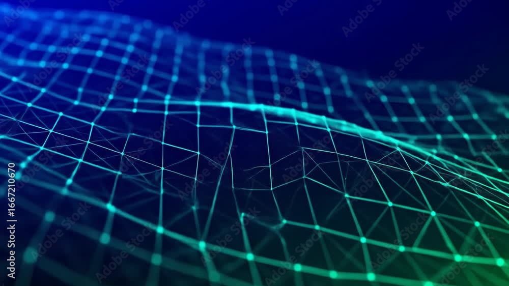 Aufkleber geometric abstract mesh with cyan lines and dots against a dark blue and green gradient background i