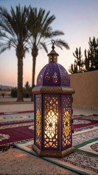 Ornate purple Moroccan lantern glowing warm light gold