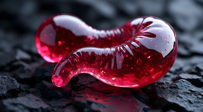 Shiny red glass sculpture shaped like pancreas with smooth, glossy surface resting on dark textured stones, glowing with inner light
