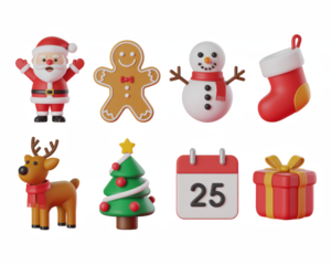 3d icon of collection of christmas holiday icons including santa claus, gingerbread man, snowman, reindeer, tree, calendar, and gift isolated on transparent background