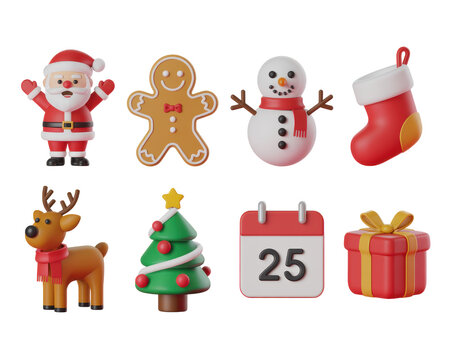 3d icon of collection of christmas holiday icons including santa claus, gingerbread man, snowman, reindeer, tree, calendar, and gift isolated on transparent background - Powered by Adobe