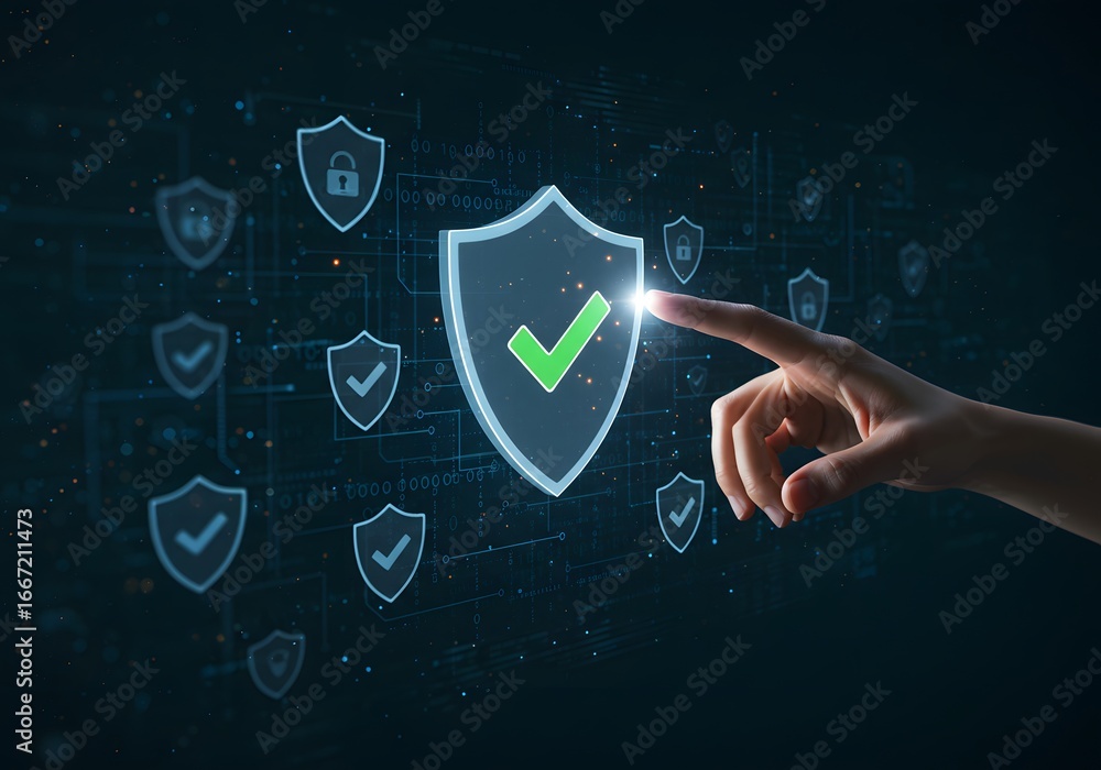 Poster network security and data encryption system. digital safety and antivirus software concept. user tou