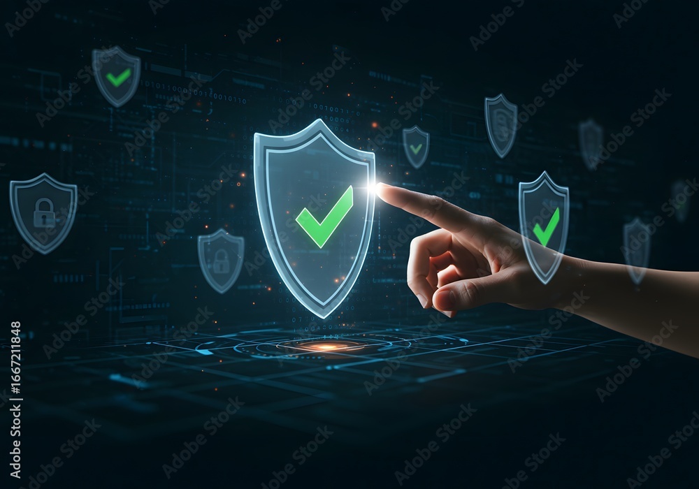 Poster information security and data privacy concept. secure network and system protection activated. hand 