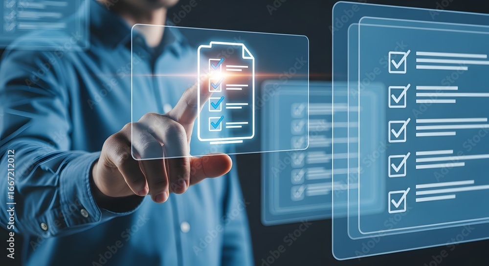 Aufkleber online quality control and digital task management. project completion and online survey system. man