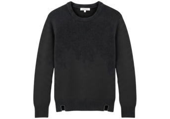 A dark gray ribbed knit sweater with subtle shading and arm cuffs featuring slits.