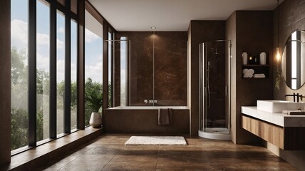 Contemporary bathroom with a sleek design featuring large windows and natural light.