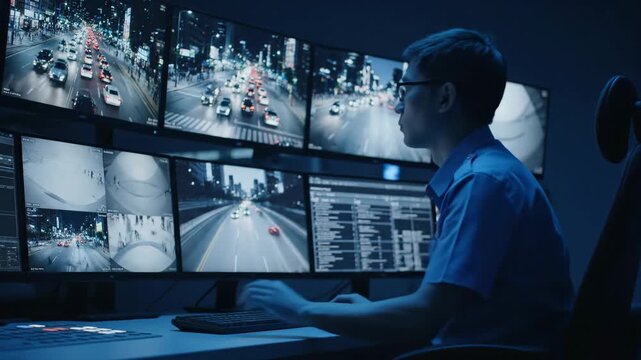 Security Operator Monitoring City Traffic - A security operator sits in a control room, attentively monitoring multiple screens displaying live feeds of city traffic at night.
