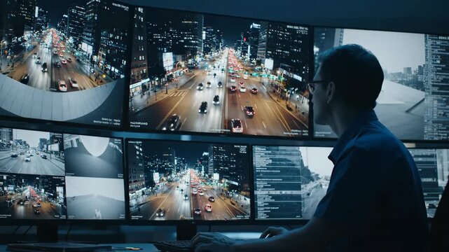 Security Operator Monitoring City Traffic - A security operator sits in a control room, intently monitoring multiple screens displaying live feeds of city traffic at night.