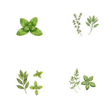  botanical watercolor, a sprig of fresh Mint, Basil and Tarragon leaves, Oregano and Coriander, Bay leaf and Lemon balm leav.  Fresh herbs assortment including mint, thyme, and sage  