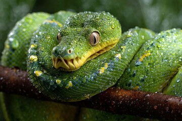 Fototapeta premium Green tree python resting on a branch after the rain