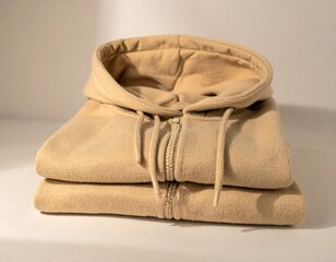 Beige hooded sweatshirts stacked neatly for cozy autumn vibes and casual style inspiration this season