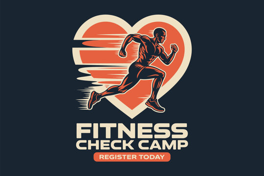 Fitness check camp advertisement featuring a runner in front of a heart shaped background