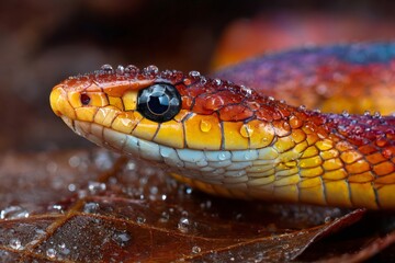 Obraz premium Colorful snake resting on wet leaves in rainforest