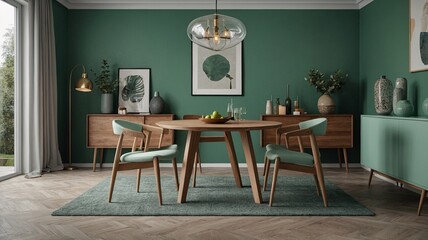 Modern dining room featuring a round wooden table and green accents, creating a cozy and inviting atmosphere.