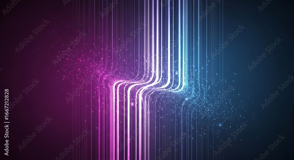 Poster illustration of abstract purple and blue neon light streams with particles create a dynamic flow