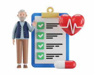 3d icon of elderly man with checklist, heart, and pill isolated on transparent background