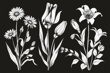 Monochrome floral illustration, garden blooms, dark background, design elements
