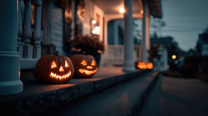 Fototapeta premium Spooky jack-o’-lanterns with candlelight glowing on a front porch, Halloween night scene