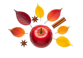 A vibrant red  encircled by autumnal leaves, cinnamon sticks, and star anise, set against a striking black background.