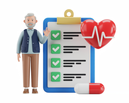 3d icon of elderly man with checklist, heart, and pill isolated on transparent background
