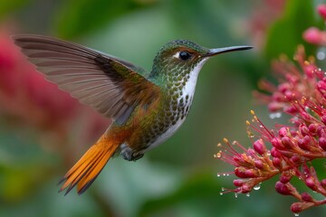 Fototapeta premium Chestnut breasted coronet hummingbird hovering near flower