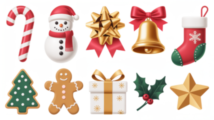 3d icon of collection of christmas icons including candy cane, snowman, bell, and stocking isolated on transparent background