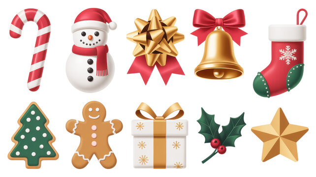 3d icon of collection of christmas icons including candy cane, snowman, bell, and stocking isolated on transparent background - Powered by Adobe