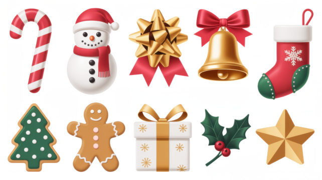 3d icon of collection of christmas icons including candy cane, snowman, bell, and stocking isolated on transparent background - Powered by Adobe