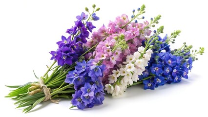 Obraz premium Elegant bouquet of colorful larkspur flowers on a bright white background