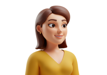 Isolated 3D Character Bust of a Young Woman with Brown Hair Looking Aside
