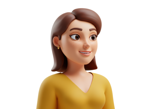 Isolated 3D Character Bust of a Young Woman with Brown Hair Looking Aside