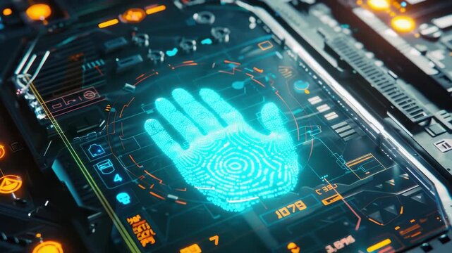 A futuristic computer control panel with a handprint recognition scanner displaying a blue handprint logo, indicating advanced security measures in a high-tech setting.
