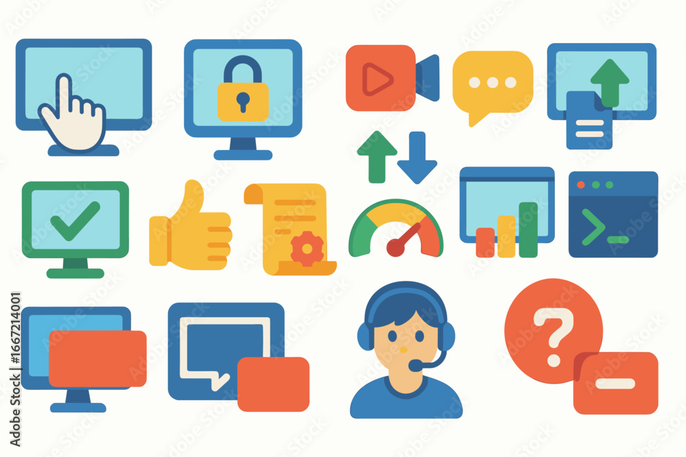 Poster technology, computing flat icon set. digital, data communication icons collection