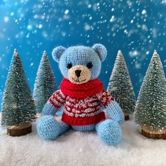 Adorable blue knitted teddy bear in red Nordic sweater and scarf sits quietly in a snowy forest. Yarn snow falls gently. Whimsical, handmade winter 2026 scene perfect for children&rsquo;s stories