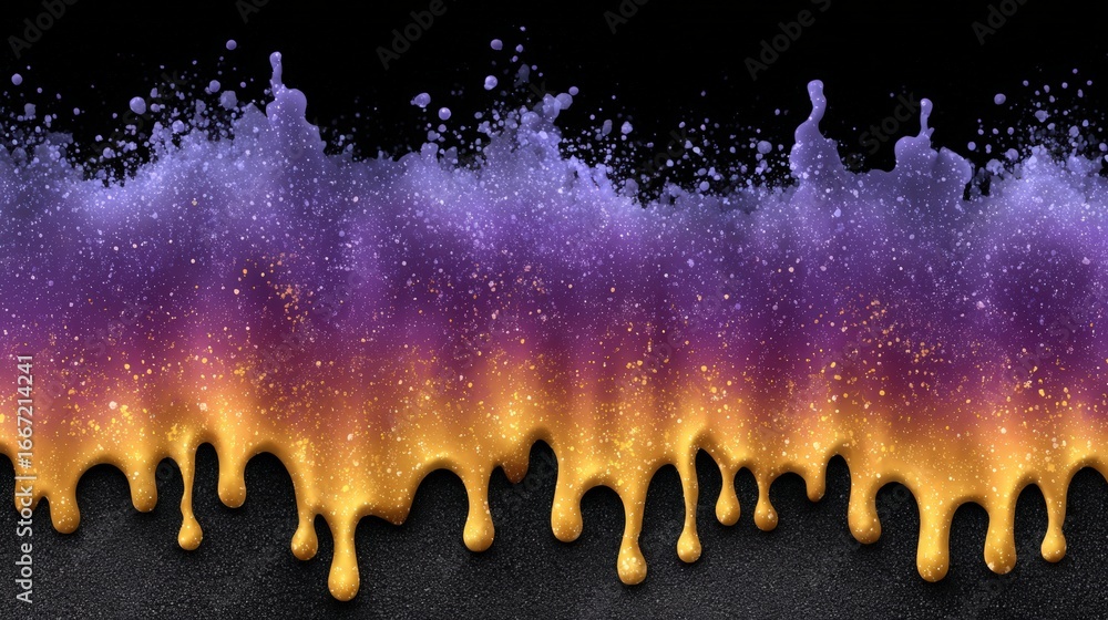 Poster an abstract artwork of gold melting with a vibrant purple splash and a black background, creating a 