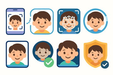 Face recognition flat icon set. identity, security, biometric icons collection