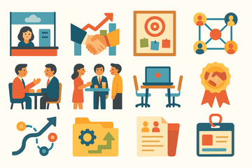 Business and office flat icon set. professional, workplace, meeting icons collection