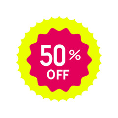Brightly colored fifty percent off sale sticker