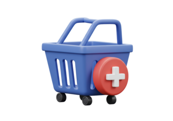 Isolated 3D Shopping Basket with Plus Sign, Add to Cart E-commerce Concept