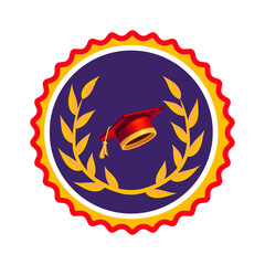 Graduation cap and laurel wreath emblem on black background