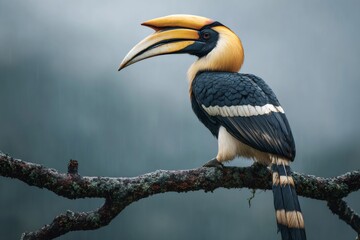 Obraz premium Great hornbill perched on branch during rainfall in asian forest