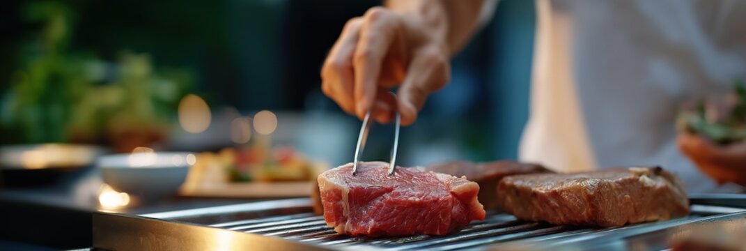 Close-up of person grilling fresh meat outdoors at evening bbq