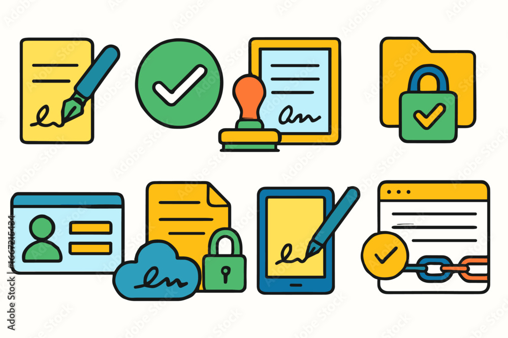 Poster digital signature and security icon set. essential e-signature icons in flat style